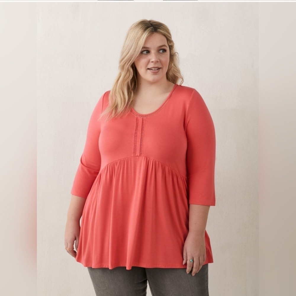 Penningtons Pink Babydoll Top 3/4 Sleeves Stretchy Jersey Knit Casual Size 1X